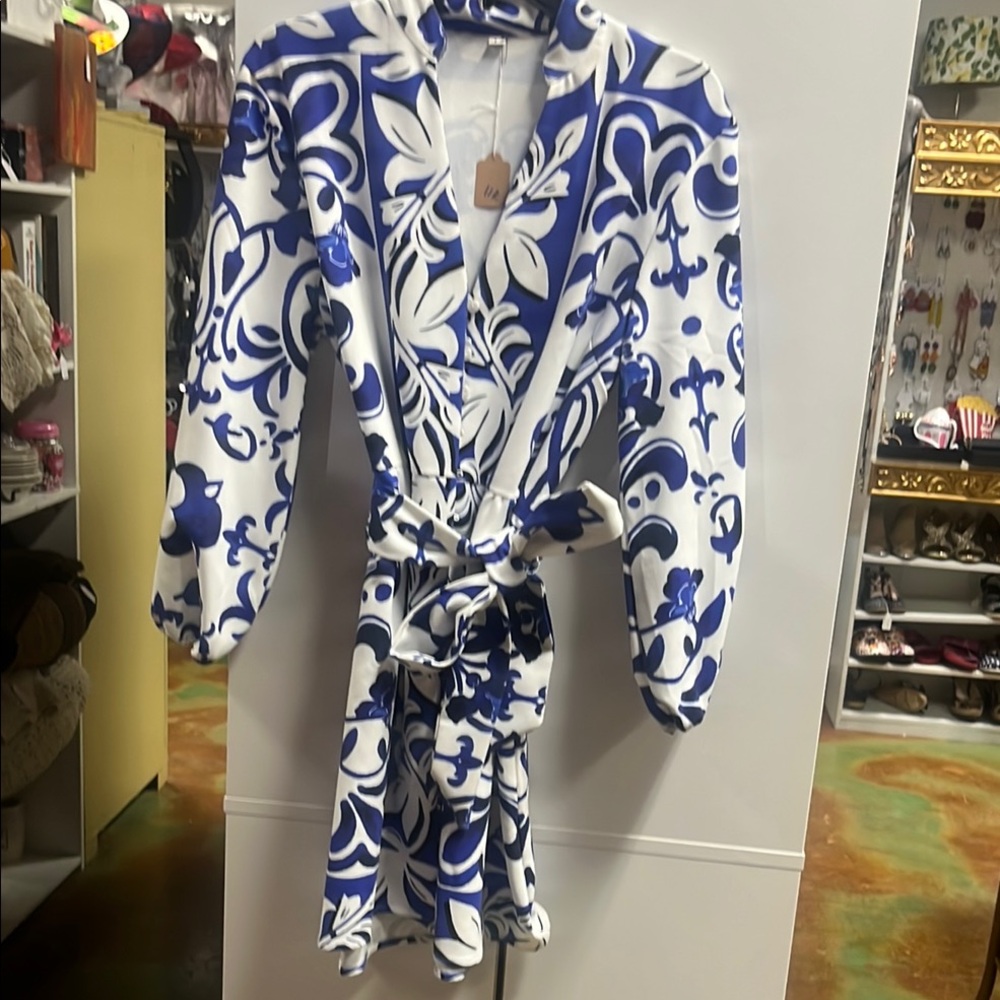 Blue and White Long Sleeve Dress with Flowing Silhouette